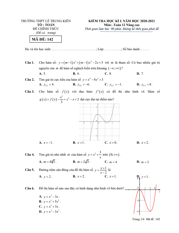 Đề thi học kì 1 (HK1) lớp 12 môn Toán năm 2020 2021 trường THPT Lê Trung Kiên Phú Yên