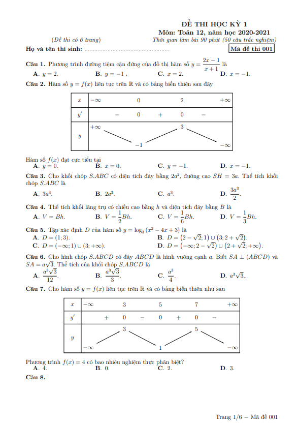 Đề thi học kì 1 (HK1) lớp 12 môn Toán năm 2020 2021 trường THPT Nguyễn Thị Minh Khai Hà Nội