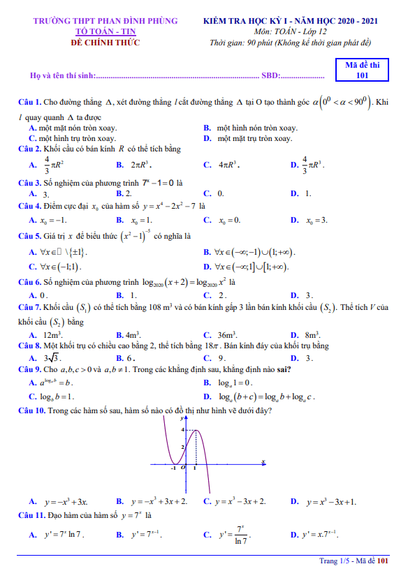 Đề thi học kì 1 (HK1) lớp 12 môn Toán năm 2020 2021 trường THPT Phan Đình Phùng Hà Nội