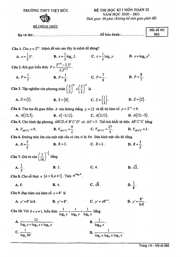 Đề thi học kì 1 (HK1) lớp 12 môn Toán năm 2020 2021 trường THPT Việt Đức Hà Nội