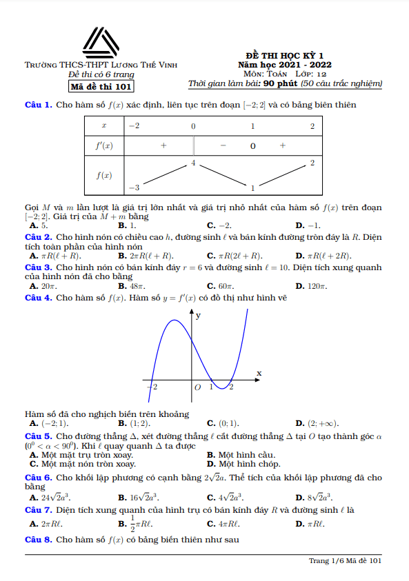 Đề thi học kì 1 (HK1) lớp 12 môn Toán năm 2021 2022 trường Lương Thế Vinh Hà Nội