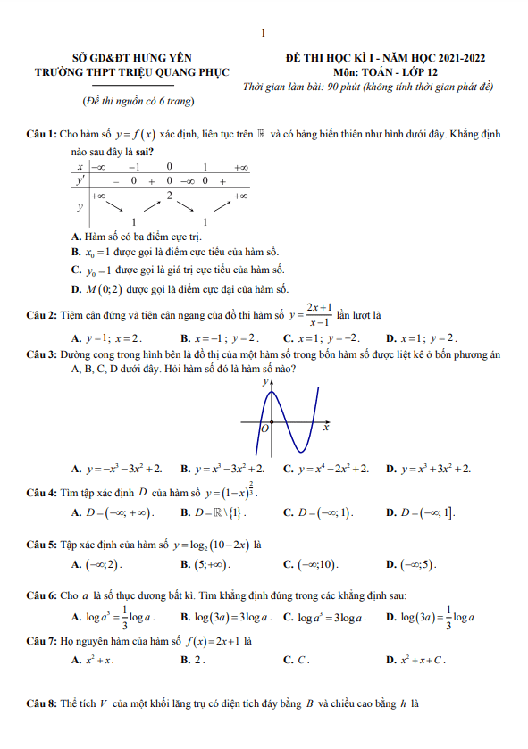 Đề thi học kì 1 (HK1) lớp 12 môn Toán năm 2021 2022 trường THPT Triệu Quang Phục Hưng Yên