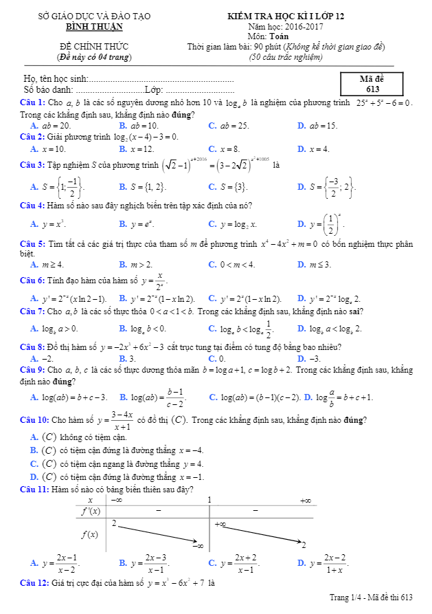 Đề thi học kì 1 (HK1) lớp 12 môn Toán năm học 2016 2017 sở GD và ĐT Bình Thuận