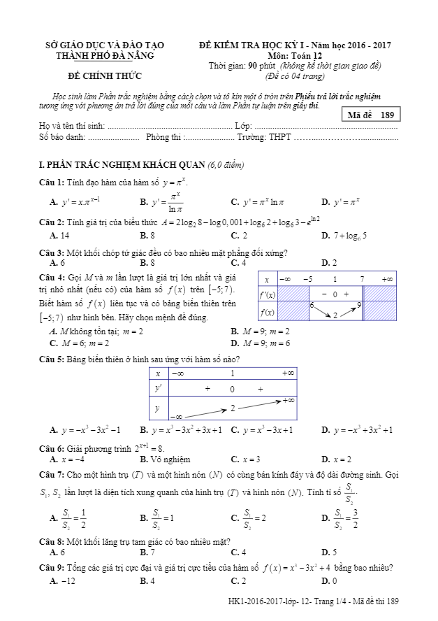 Đề thi học kì 1 (HK1) lớp 12 môn Toán năm học 2016 2017 sở GD và ĐT Đà Nẵng