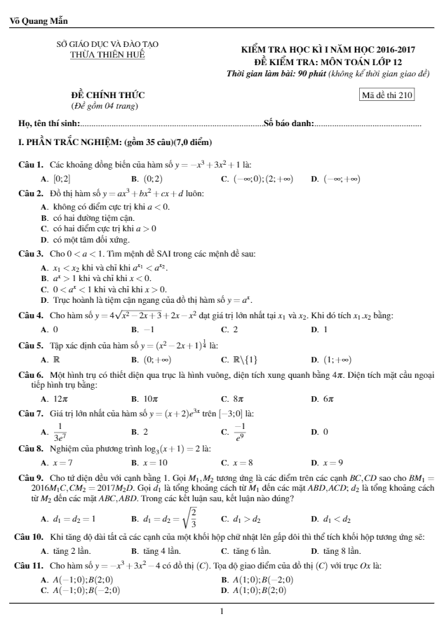 Đề thi học kì 1 (HK1) lớp 12 môn Toán năm học 2016 2017 sở GD và ĐT Thừa Thiên Huế