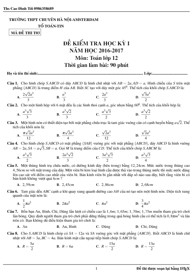 Đề thi học kì 1 (HK1) lớp 12 môn Toán năm học 2016 2017 trường chuyên Hà Nội Amsterdam