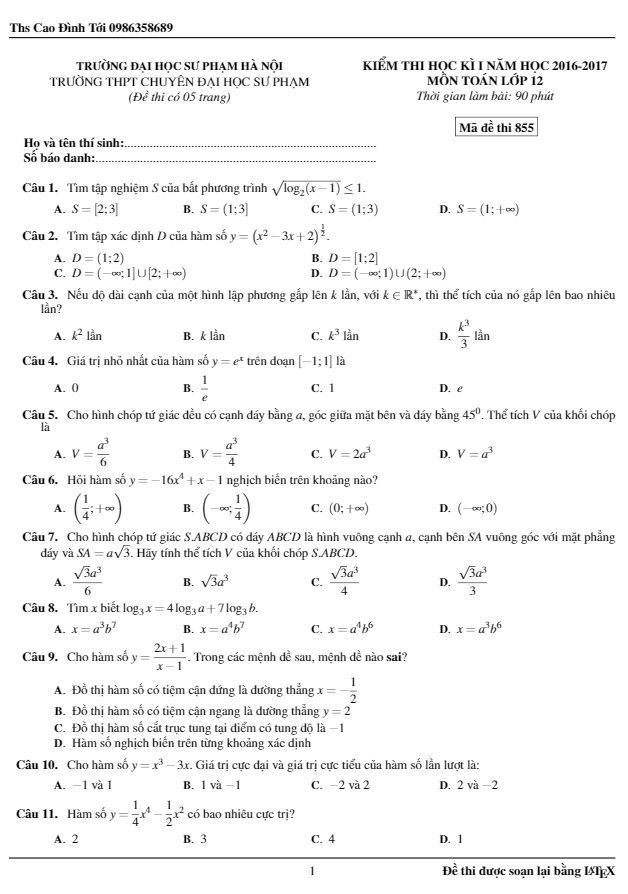 Đề thi học kì 1 (HK1) lớp 12 môn Toán năm học 2016 2017 trường THPT chuyên ĐH Sư Phạm Hà Nội
