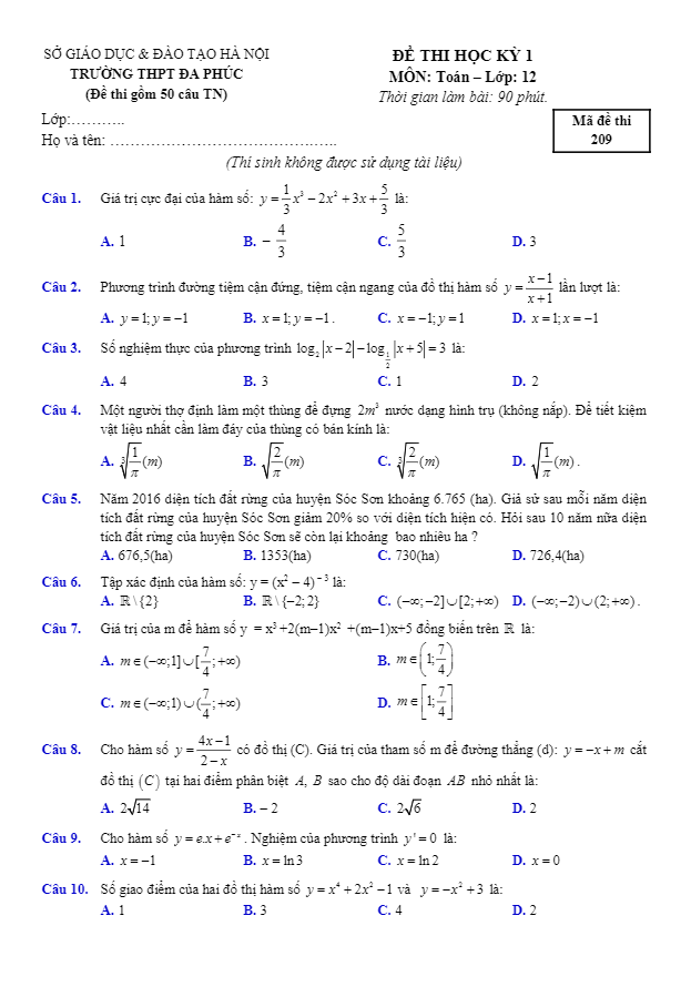 Đề thi học kì 1 (HK1) lớp 12 môn Toán năm học 2016 2017 trường THPT Đa Phúc Hà Nội