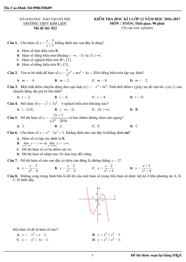 Đề thi học kì 1 (HK1) lớp 12 môn Toán năm học 2016 2017 trường THPT Kim Liên Hà Nội