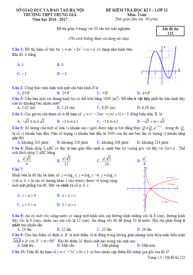 Đề thi học kì 1 (HK1) lớp 12 môn Toán năm học 2016 2017 trường THPT Trung Giã Hà Nội