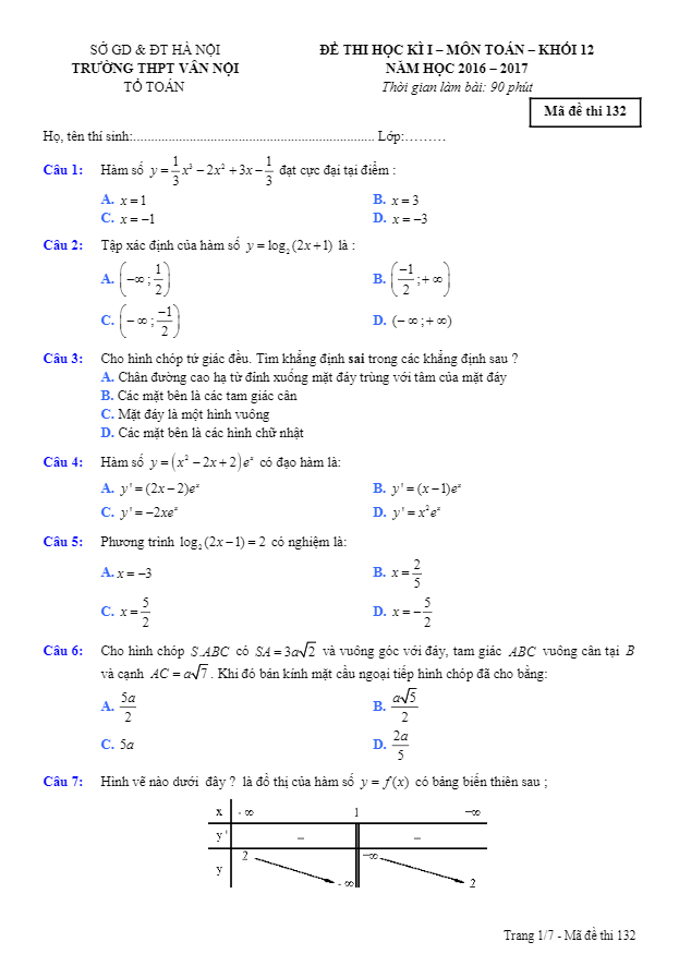 Đề thi học kì 1 (HK1) lớp 12 môn Toán năm học 2016 2017 trường THPT Vân Nội Hà Nội