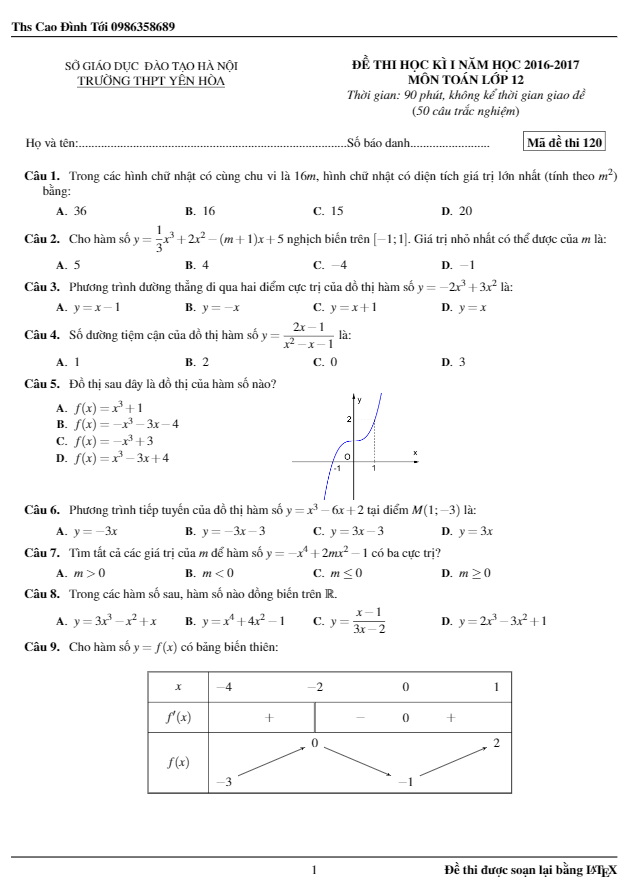 Đề thi học kì 1 (HK1) lớp 12 môn Toán năm học 2016 2017 trường THPT Yên Hòa Hà Nội
