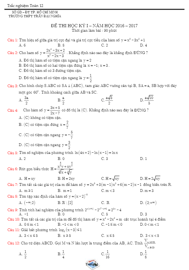 Đề thi học kì 1 (HK1) lớp 12 môn Toán năm học 2016 2017 trường Trần Đại Nghĩa TP.HCM