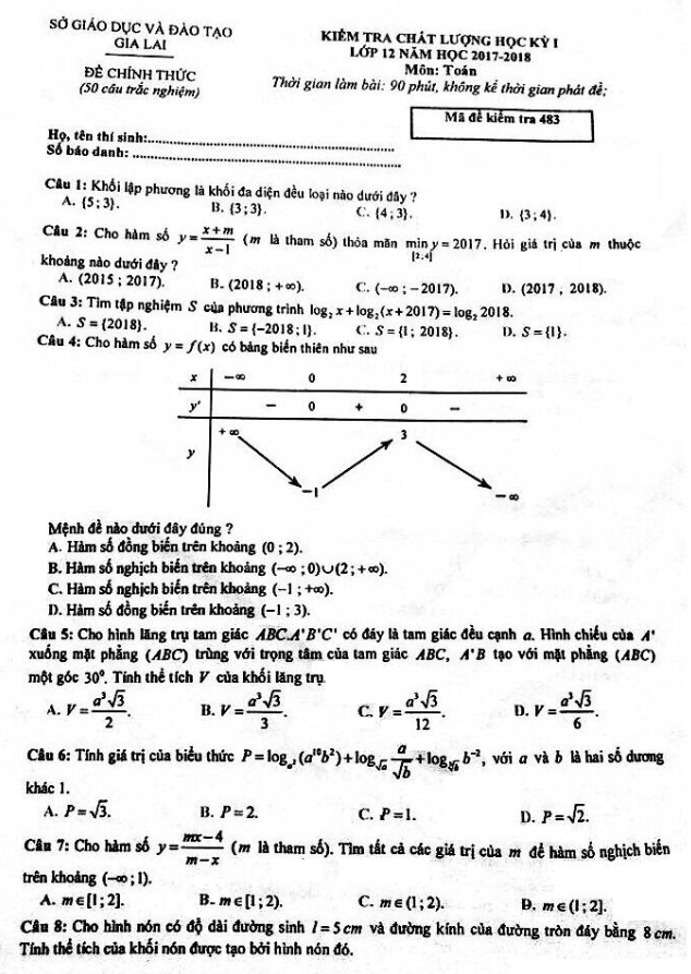 Đề thi học kì 1 (HK1) lớp 12 môn Toán năm học 2017 2018 sở GD và ĐT Gia Lai