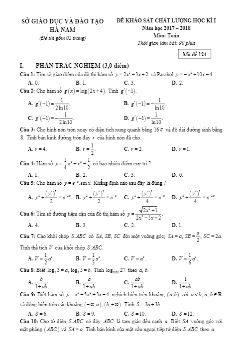Đề thi học kì 1 (HK1) lớp 12 môn Toán năm học 2017 2018 sở GD và ĐT Hà Nam