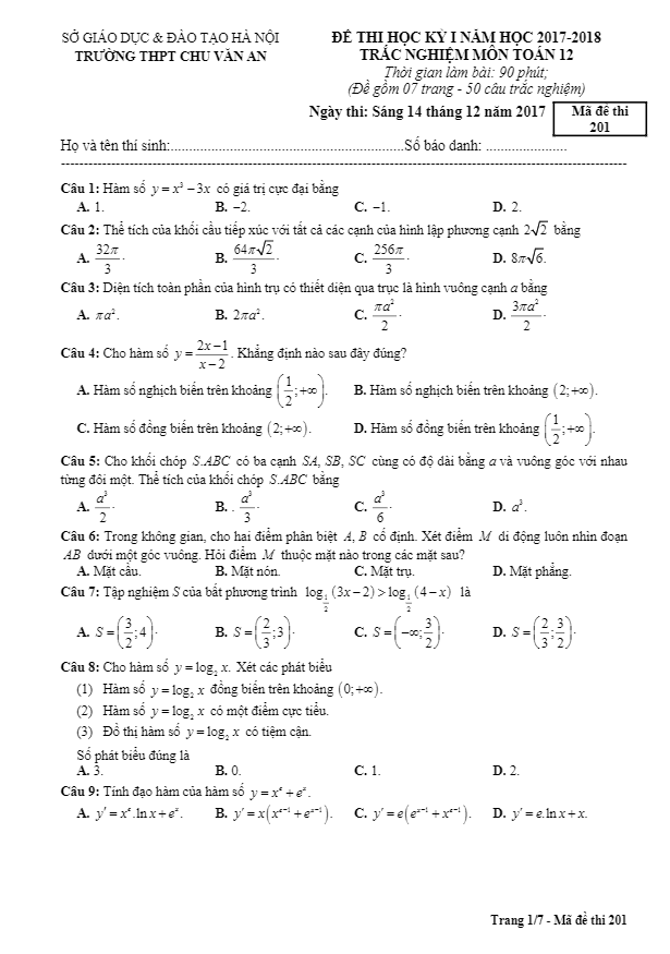 Đề thi học kì 1 (HK1) lớp 12 môn Toán năm học 2017 2018 trường THPT Chu Văn An Hà Nội