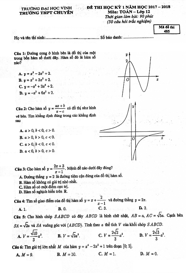 Đề thi học kì 1 (HK1) lớp 12 môn Toán năm học 2017 2018 trường THPT chuyên Đại học Vinh