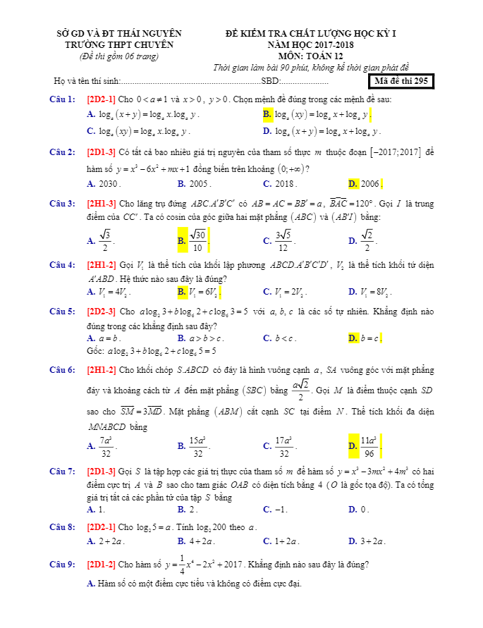 Đề thi học kì 1 (HK1) lớp 12 môn Toán năm học 2017 2018 trường THPT chuyên Thái Nguyên