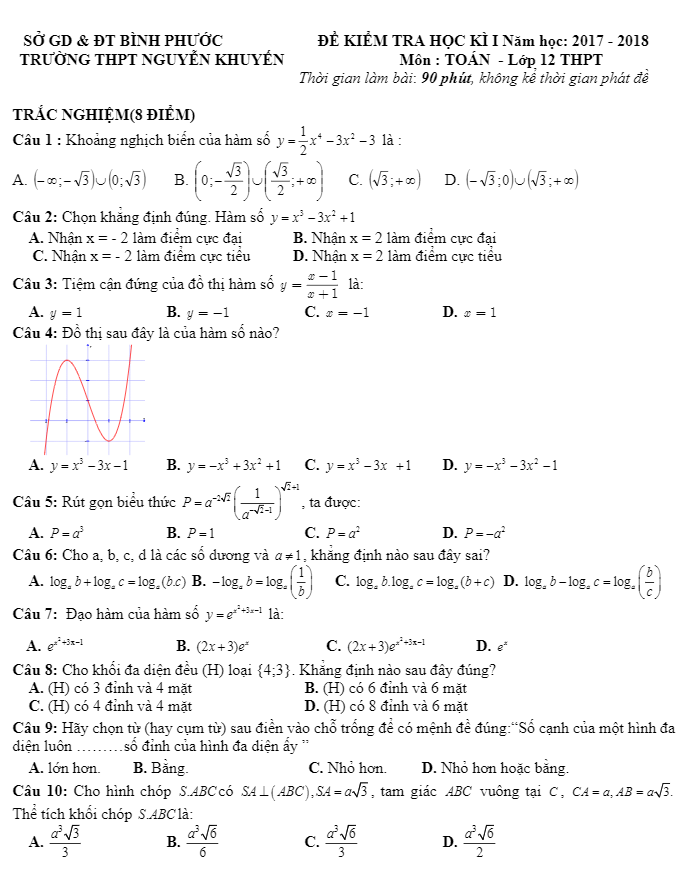 Đề thi học kì 1 (HK1) lớp 12 môn Toán năm học 2017 2018 trường THPT Nguyễn Khuyến Bình Phước