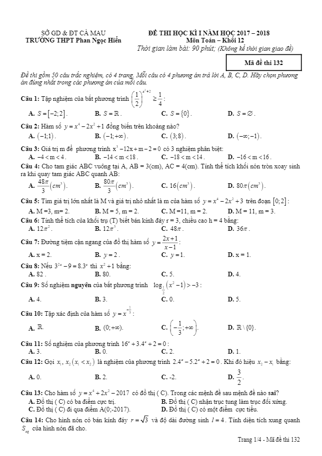 Đề thi học kì 1 (HK1) lớp 12 môn Toán năm học 2017 2018 trường THPT Phan Ngọc Hiển Cà Mau