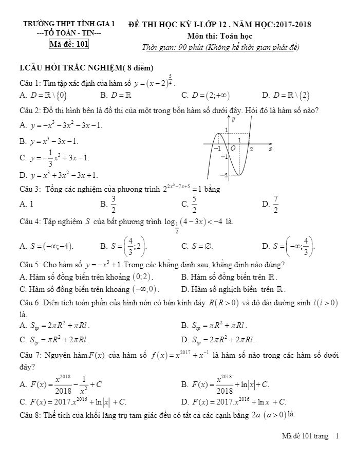 Đề thi học kì 1 (HK1) lớp 12 môn Toán năm học 2017 2018 trường THPT Tĩnh Gia 1 Thanh Hóa