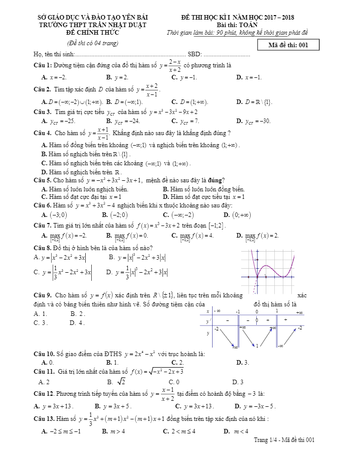 Đề thi học kì 1 (HK1) lớp 12 môn Toán năm học 2017 2018 trường THPT Trần Nhật Duật Yên Bái
