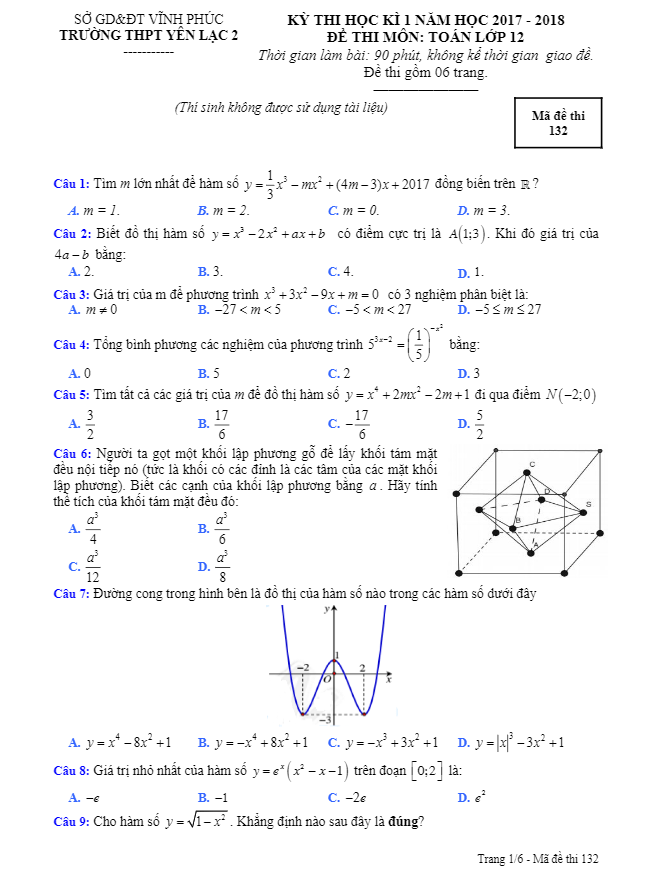 Đề thi học kì 1 (HK1) lớp 12 môn Toán năm học 2017 2018 trường THPT Yên Lạc 2 Vĩnh Phúc
