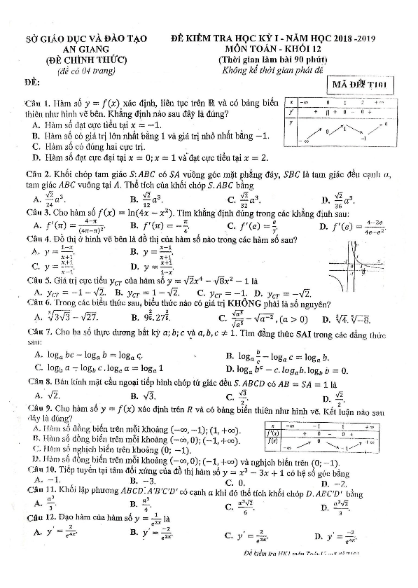 Đề thi học kì 1 (HK1) lớp 12 môn Toán năm học 2018 2019 sở GD và ĐT An Giang