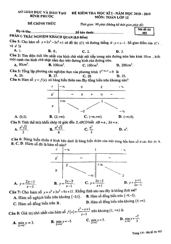 Đề thi học kì 1 (HK1) lớp 12 môn Toán năm học 2018 2019 sở GD và ĐT Bình Phước