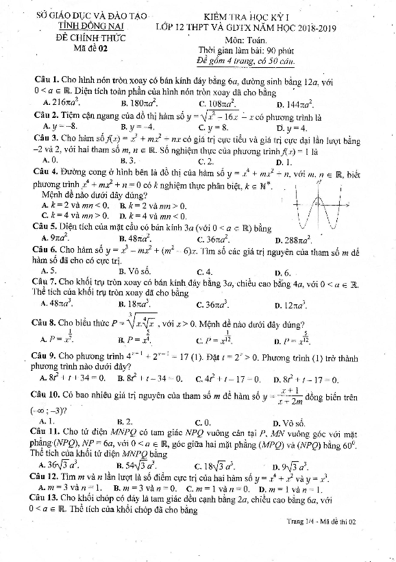Đề thi học kì 1 (HK1) lớp 12 môn Toán năm học 2018 2019 sở GD và ĐT Đồng Nai