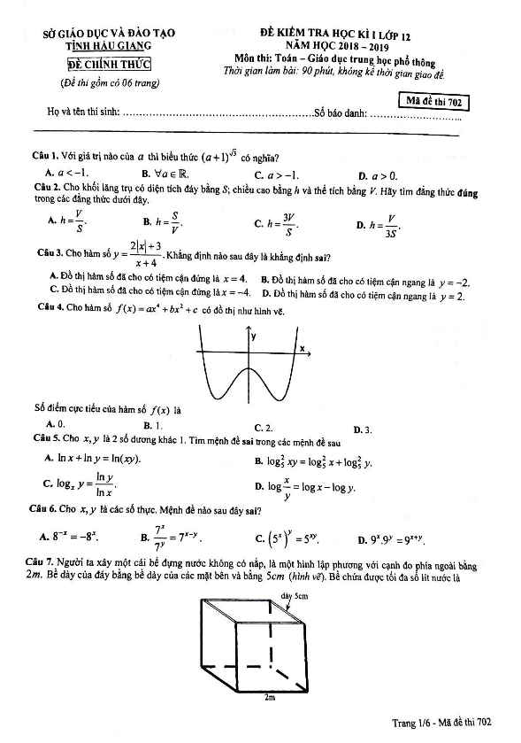 Đề thi học kì 1 (HK1) lớp 12 môn Toán năm học 2018 2019 sở GD và ĐT Hậu Giang