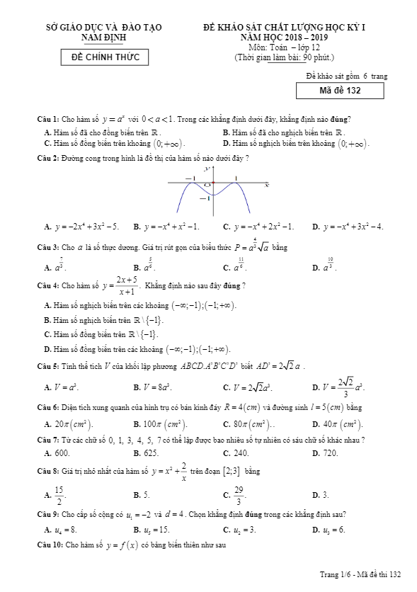 Đề thi học kì 1 (HK1) lớp 12 môn Toán năm học 2018 2019 sở GD và ĐT Nam Định