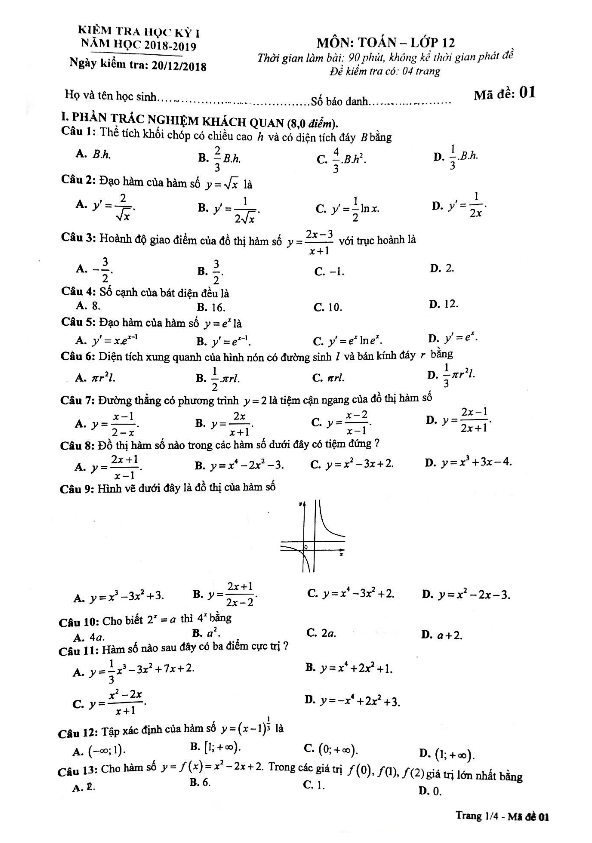 Đề thi học kì 1 (HK1) lớp 12 môn Toán năm học 2018 2019 sở GD và ĐT Phú Thọ