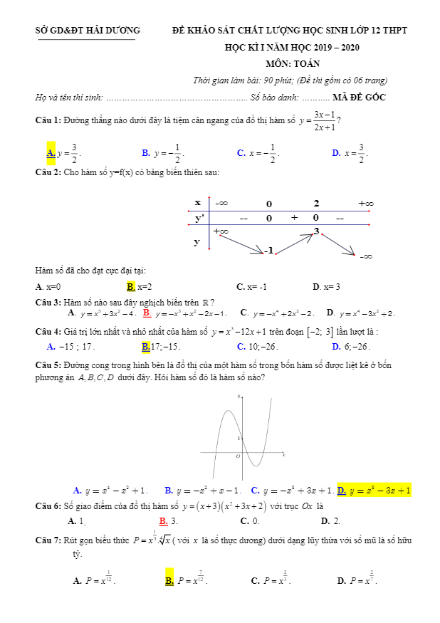 Đề thi học kì 1 (HK1) lớp 12 môn Toán năm học 2019 2020 sở GD ĐT Hải Dương