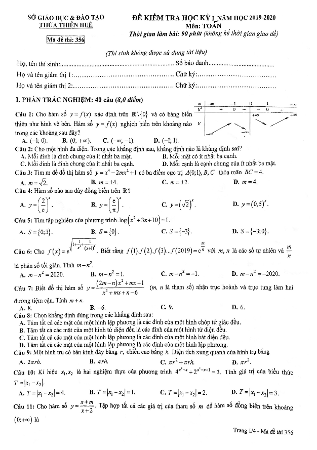 Đề thi học kì 1 (HK1) lớp 12 môn Toán năm học 2019 2020 sở GD ĐT Thừa Thiên Huế