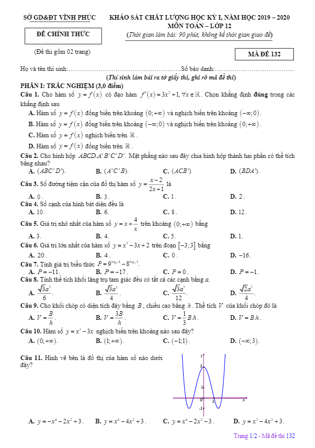 Đề thi học kì 1 (HK1) lớp 12 môn Toán năm học 2019 2020 sở GD ĐT Vĩnh Phúc