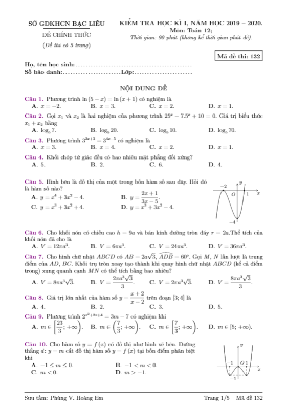 Đề thi học kì 1 (HK1) lớp 12 môn Toán năm học 2019 2020 sở GDKHCN Bạc Liêu