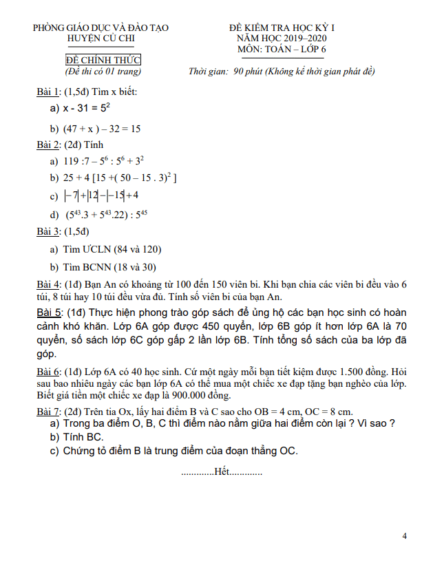 Đề thi học kì 1 (HK1) lớp 6 môn Toán năm 2019 2020 phòng GD ĐT Củ Chi TP HCM