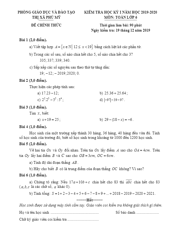 Đề thi học kì 1 (HK1) lớp 6 môn Toán năm 2019 2020 phòng GD ĐT Phú Mỹ BR VT
