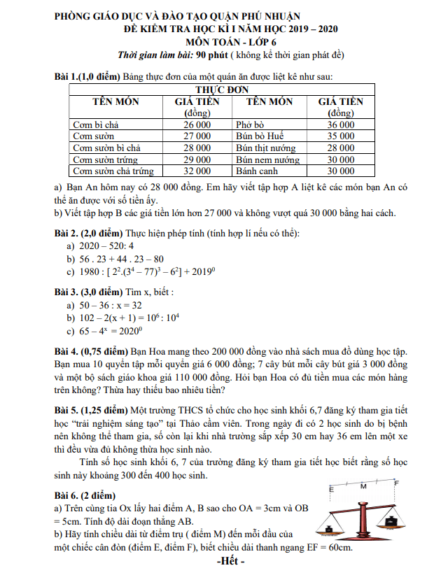 Đề thi học kì 1 (HK1) lớp 6 môn Toán năm 2019 2020 phòng GD ĐT Phú Nhuận TP HCM
