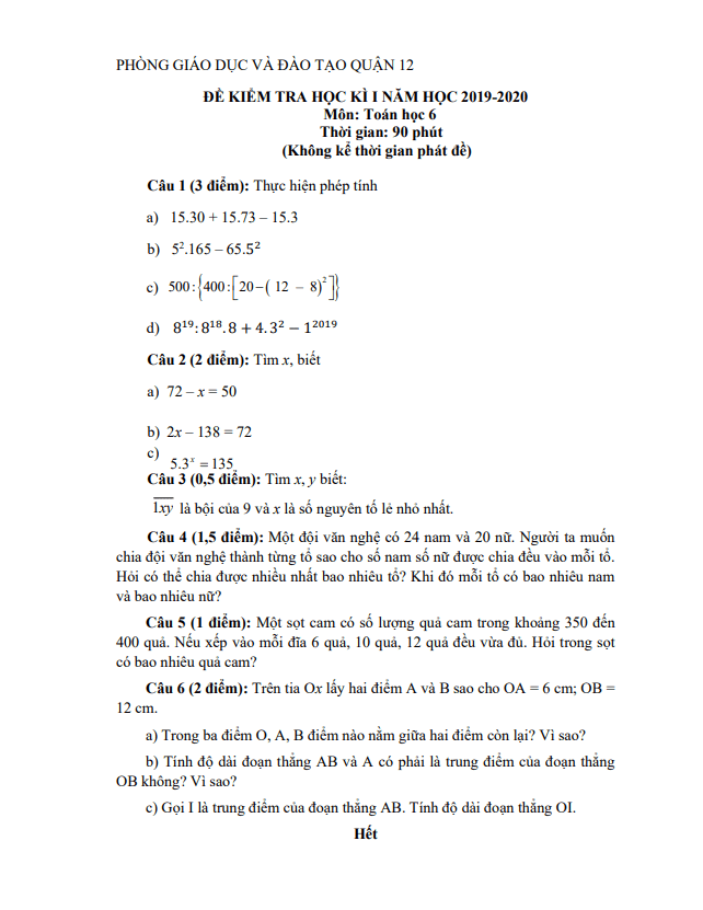 Đề thi học kì 1 (HK1) lớp 6 môn Toán năm 2019 2020 phòng GD ĐT Quận 12 TP HCM