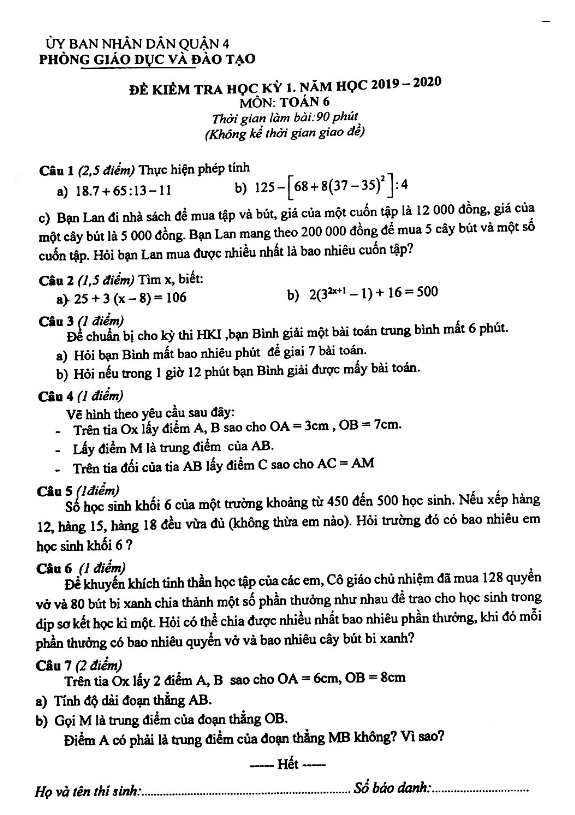 Đề thi học kì 1 (HK1) lớp 6 môn Toán năm 2019 2020 phòng GD ĐT Quận 4 TP HCM