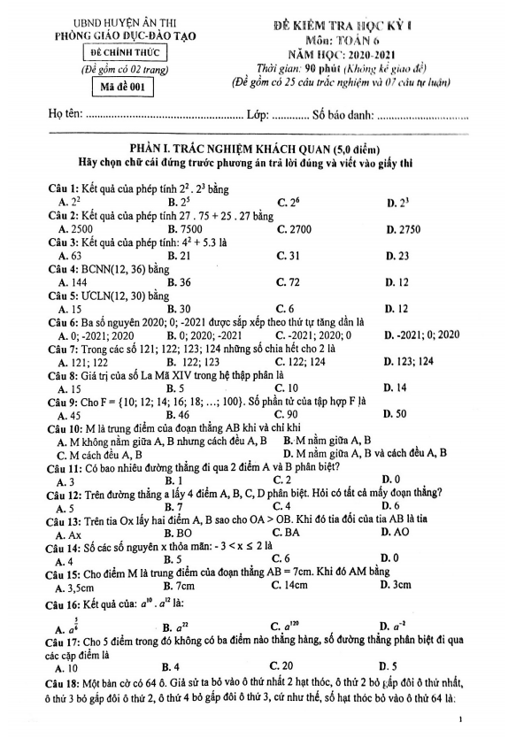 Đề thi học kì 1 (HK1) lớp 6 môn Toán năm 2020 2021 phòng GD ĐT Ân Thi Hưng Yên