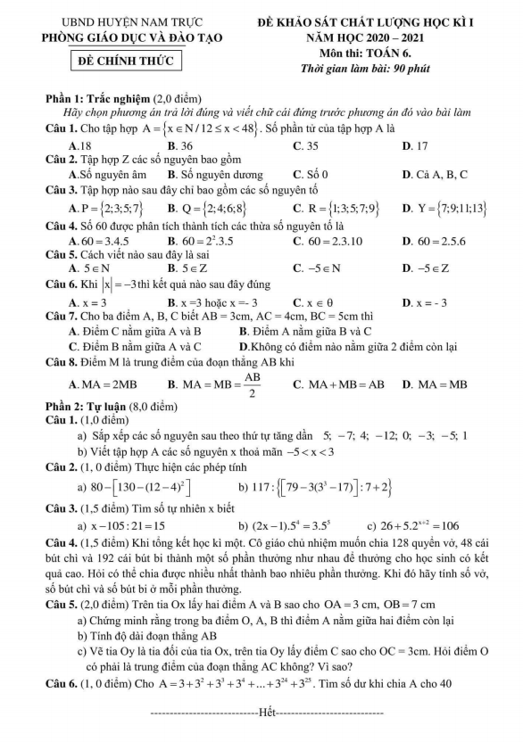 Đề thi học kì 1 (HK1) lớp 6 môn Toán năm 2020 2021 phòng GD ĐT Nam Trực Nam Định