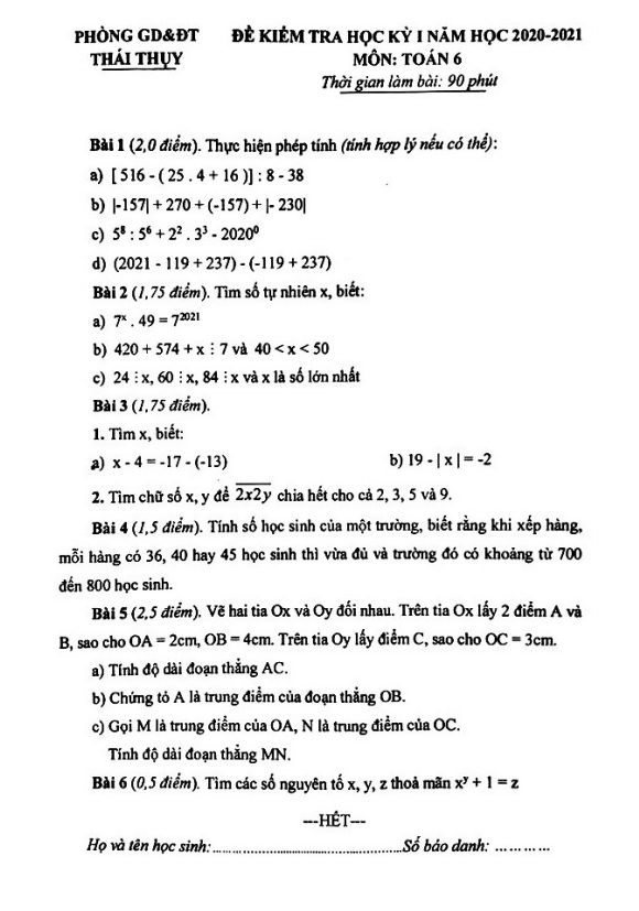 Đề thi học kì 1 (HK1) lớp 6 môn Toán năm 2020 2021 phòng GD ĐT Thái Thụy Thái Bình