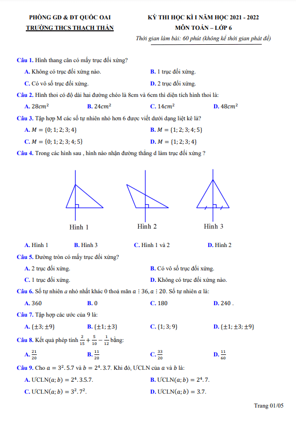 Đề thi học kì 1 (HK1) lớp 6 môn Toán năm 2021 2022 trường THCS Thạch Thán Hà Nội