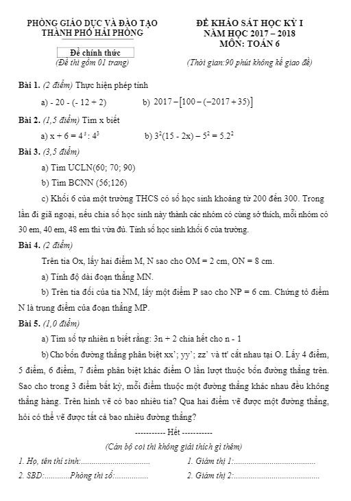 Đề thi học kì 1 (HK1) lớp 6 môn Toán năm học 2017 2018 phòng GD và ĐT thành phố Hải Phòng