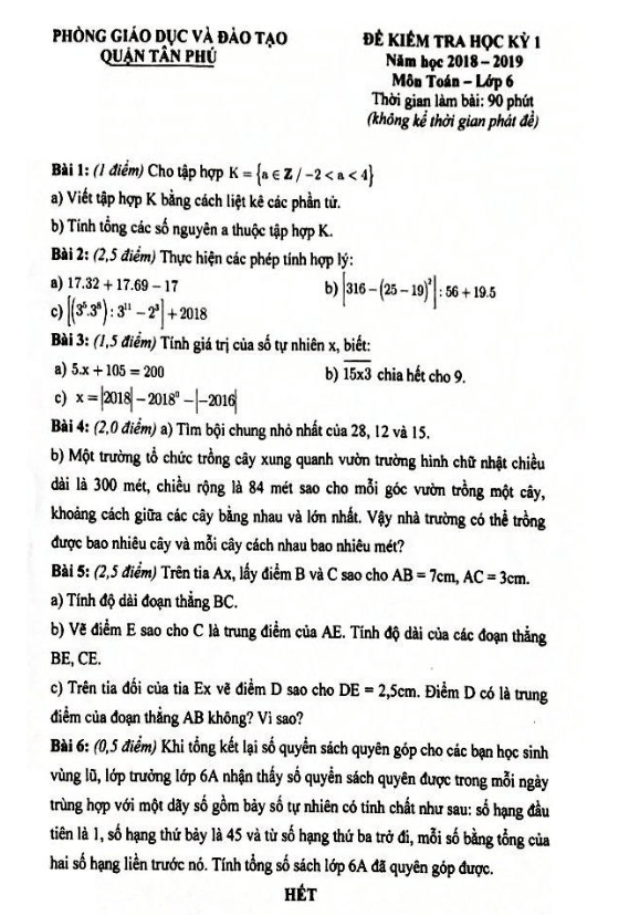 Đề thi học kì 1 (HK1) lớp 6 môn Toán năm học 2018 2019 phòng GD và ĐT Tân Phú TP. HCM