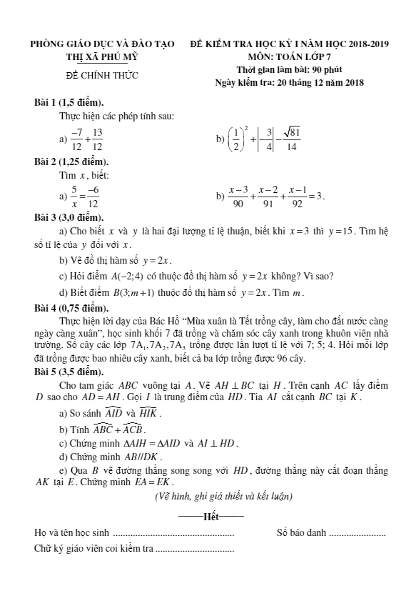 Đề thi học kì 1 (HK1) lớp 7 môn Toán năm 2018 – 2019 phòng GD ĐT Thị Xã Phú Mỹ – Bà Rịa – Vũng Tàu