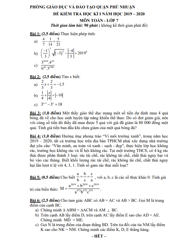 Đề thi học kì 1 (HK1) lớp 7 môn Toán năm 2019 2020 phòng GD ĐT Phú Nhuận TP HCM